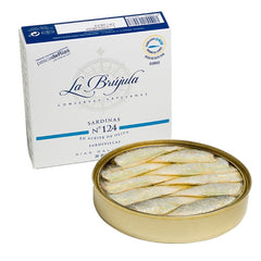Small Sardines do Xeito in Olive Oil 20/25 pcs La Brujula 130g Tin  | Sardinillas Do Xeito en Aceite de Oliva 20/25 Pc La Brujula 130g