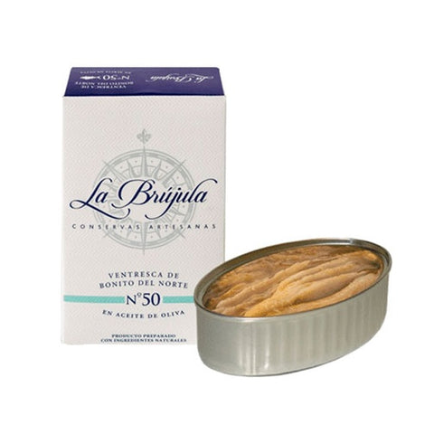 White Tuna Belly in Olive Oil La Brujula 115g Tin | Ventresca de Bonito en Aceite de Oliva La Brujula 115g