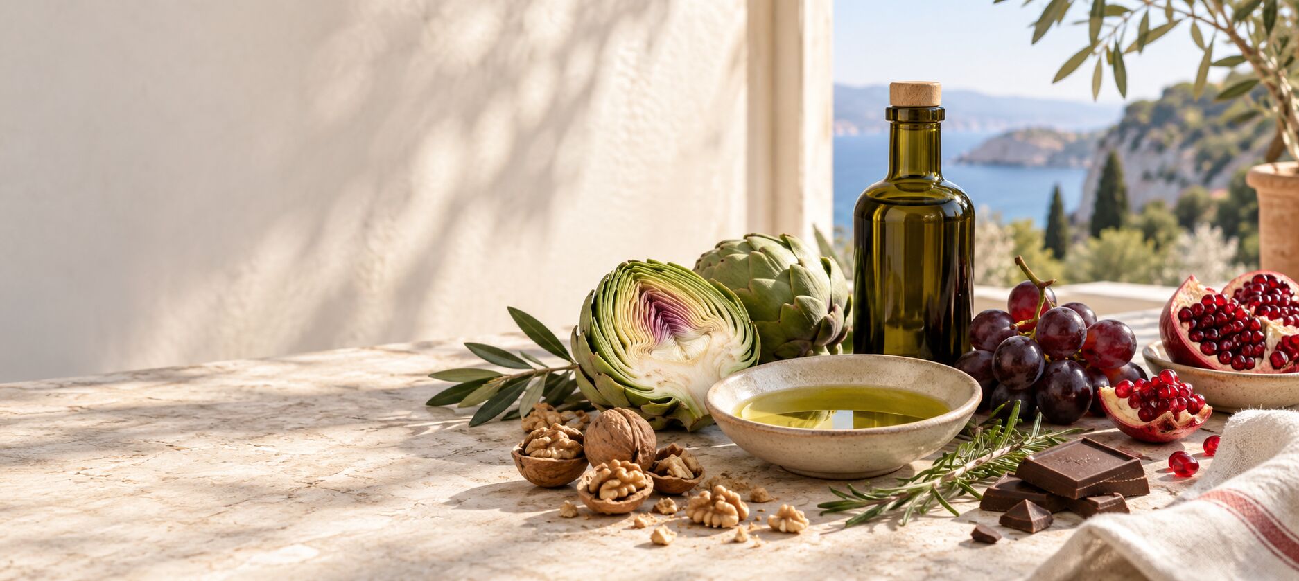 Extra virgin olive oil, artichokes, pomegranate, grapes, walnuts and dark chocolate on a Mediterranean table