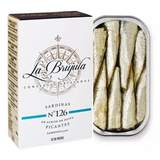 Small Sardines Spicy in Olive Oil 12-16 pcs La Brujula  115 g Tin | Sardinillas picantes in Olive Oil 12- 16 pcs La Brujula  115 g Tin