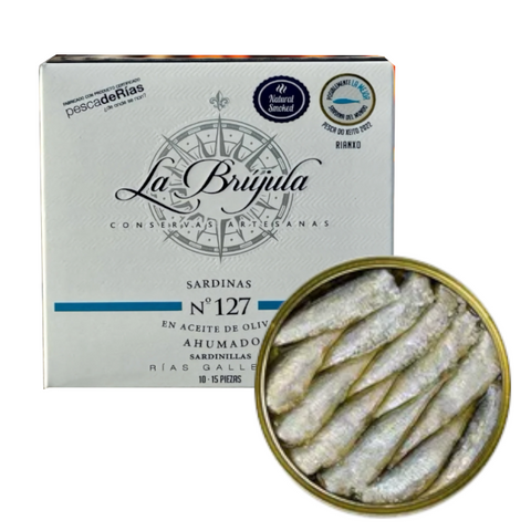 Small Sardines in Smoked Olive Oil 10-15 pcs La Brujula 130g Tin |  Sardinillas en Aceite de Oliva Ahumado 10-15 pcs La Brujula  130 g Tin