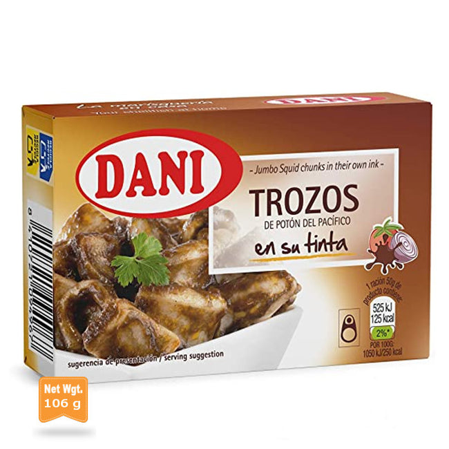 Jumbo Squid Chunks in their own Ink DANI 106g | Trozos de Poton del Pacifico en su Tinta DANI 106g